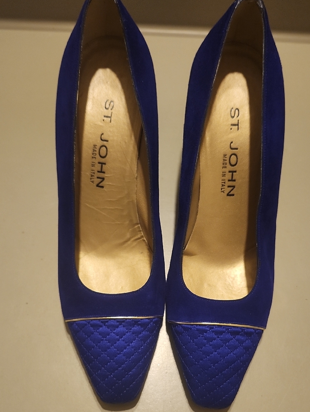 St. John Vintage Suede   Blue Quilted Satin  Square  Toe Pumps with Gold Accent